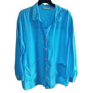 Soft Surroundings Women Large Light Blue 100% Linen Button Front Pocket Top